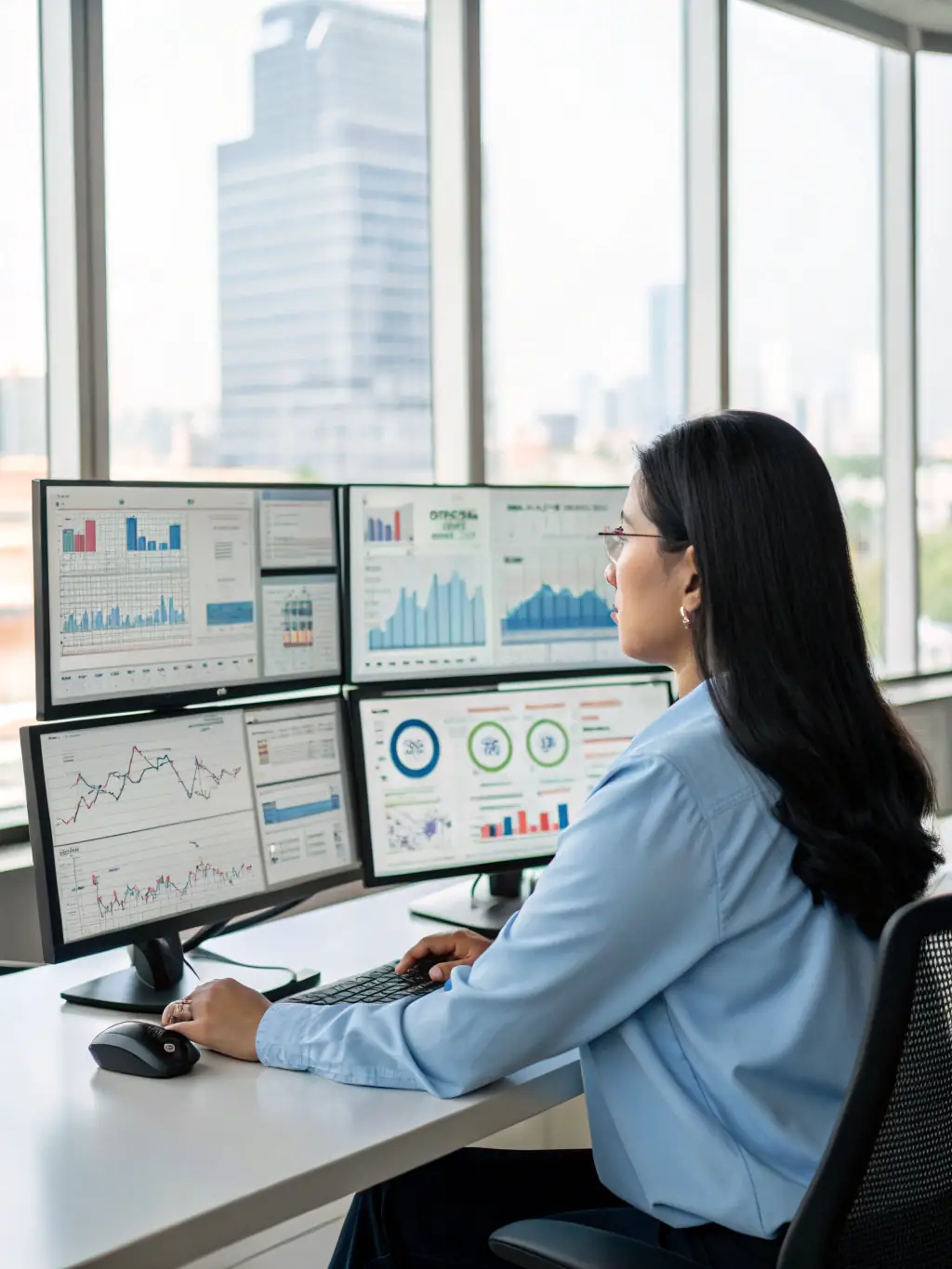 A Candi Cybersolutions consultant working with a small business owner to develop a customized security plan, using a tablet to review network diagrams and security protocols. The setting is a modern office.