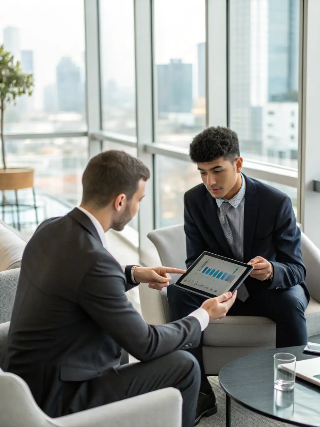 A professional auditor in a suit, reviewing a small business's network infrastructure on a computer screen, with a concerned business owner looking on. The scene is well-lit and modern, emphasizing the importance of cybersecurity audits.