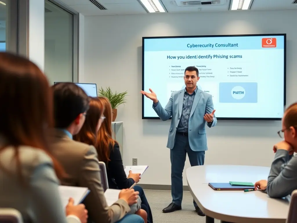 A cybersecurity trainer leading an interactive session with small business employees, teaching them how to identify and avoid phishing scams and other cyber threats.