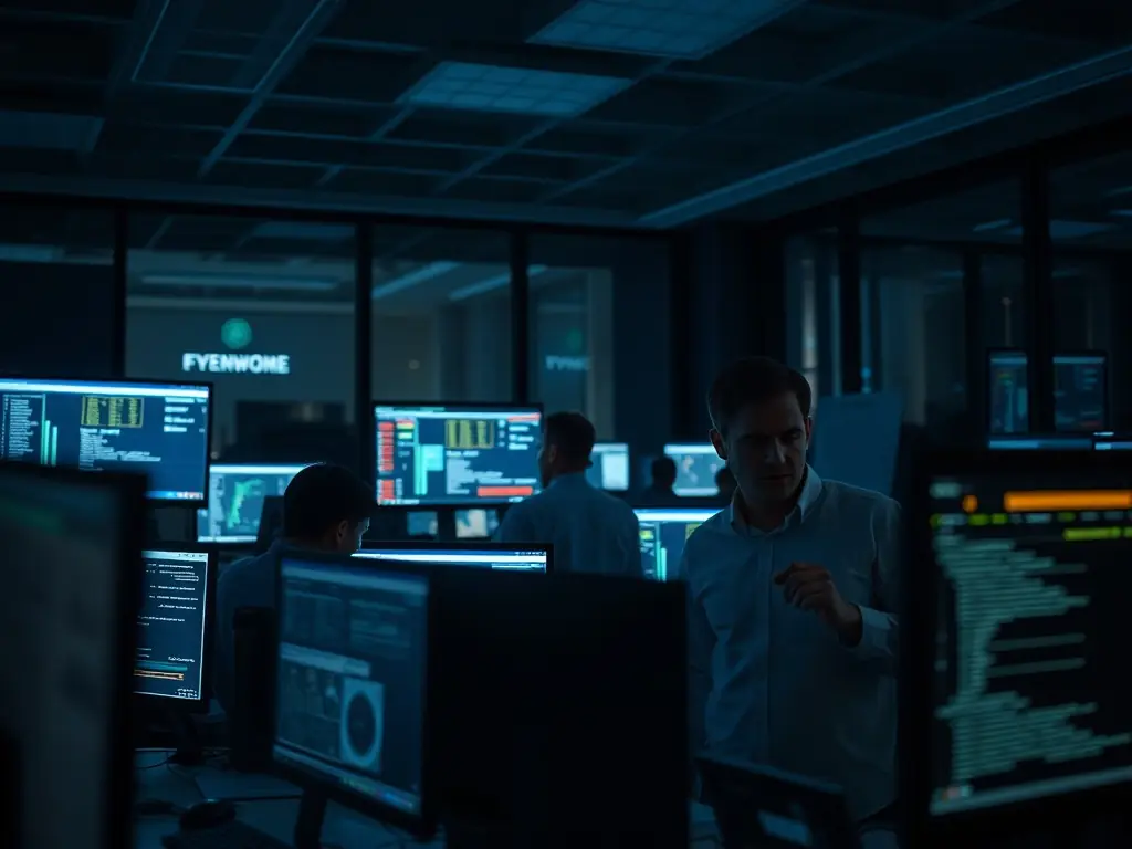 A cybersecurity professional is reviewing security reports on a laptop with a small business team, discussing vulnerabilities and potential solutions in a modern office setting.