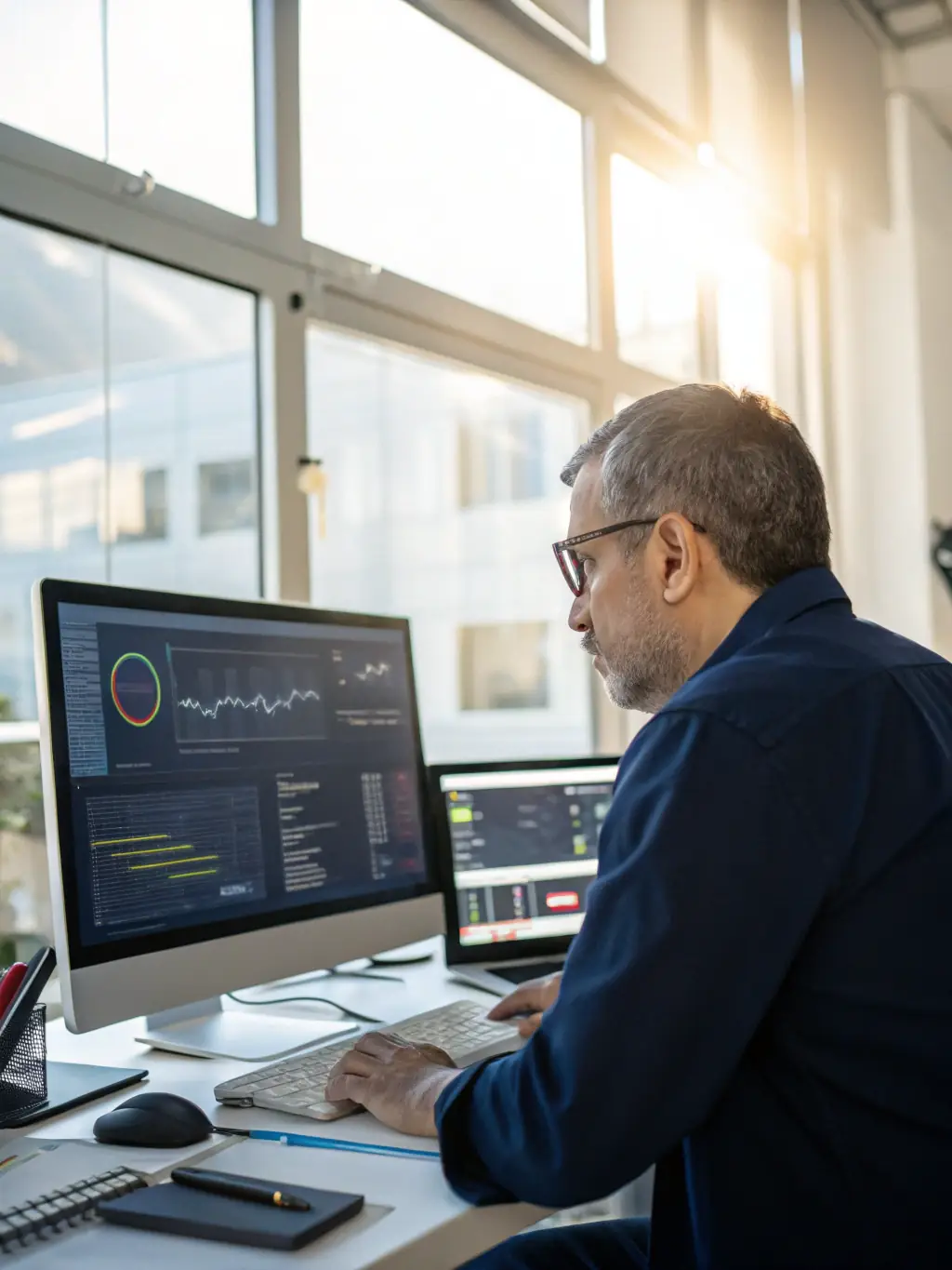 A professional cybersecurity consultant reviewing sales data on a laptop, with charts and graphs illustrating sales performance improvements after implementing automation strategies, in an office setting.