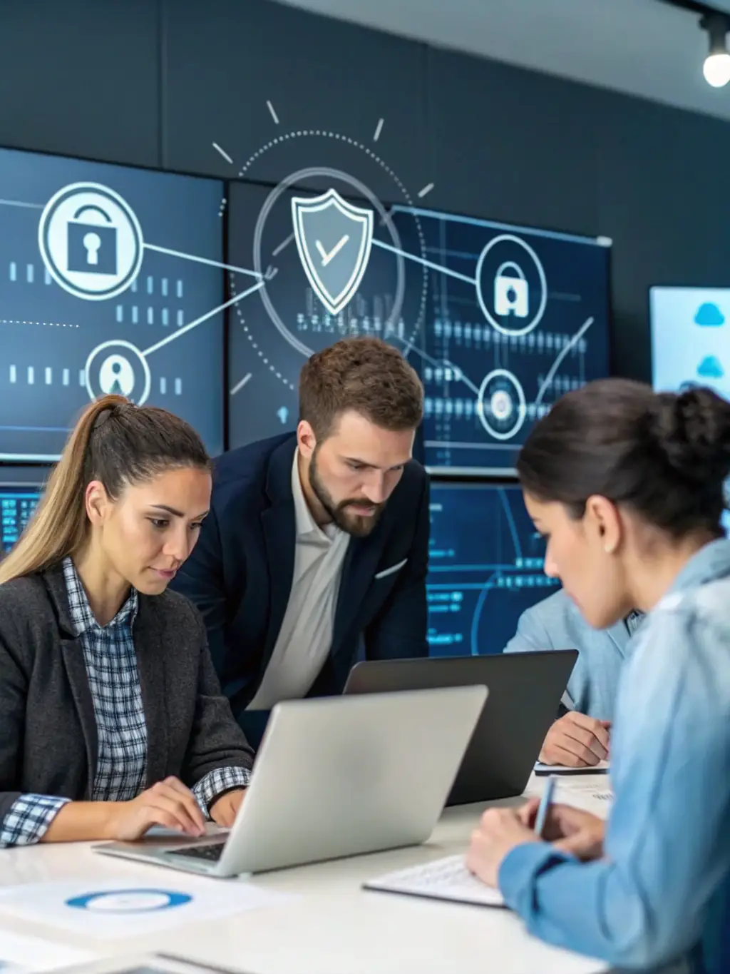 A team of cybersecurity consultants collaborating on a sales strategy, using digital tools to streamline the sales process and improve customer engagement.
