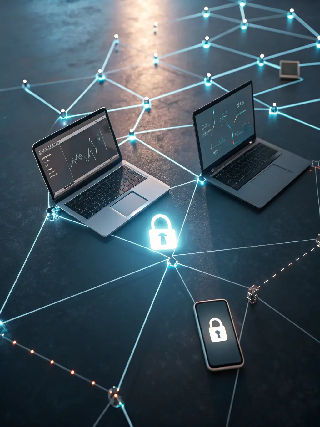 A visual representation of a secure network, with interconnected devices and a lock icon symbolizing data protection. The image conveys the concept of comprehensive cybersecurity for small businesses.