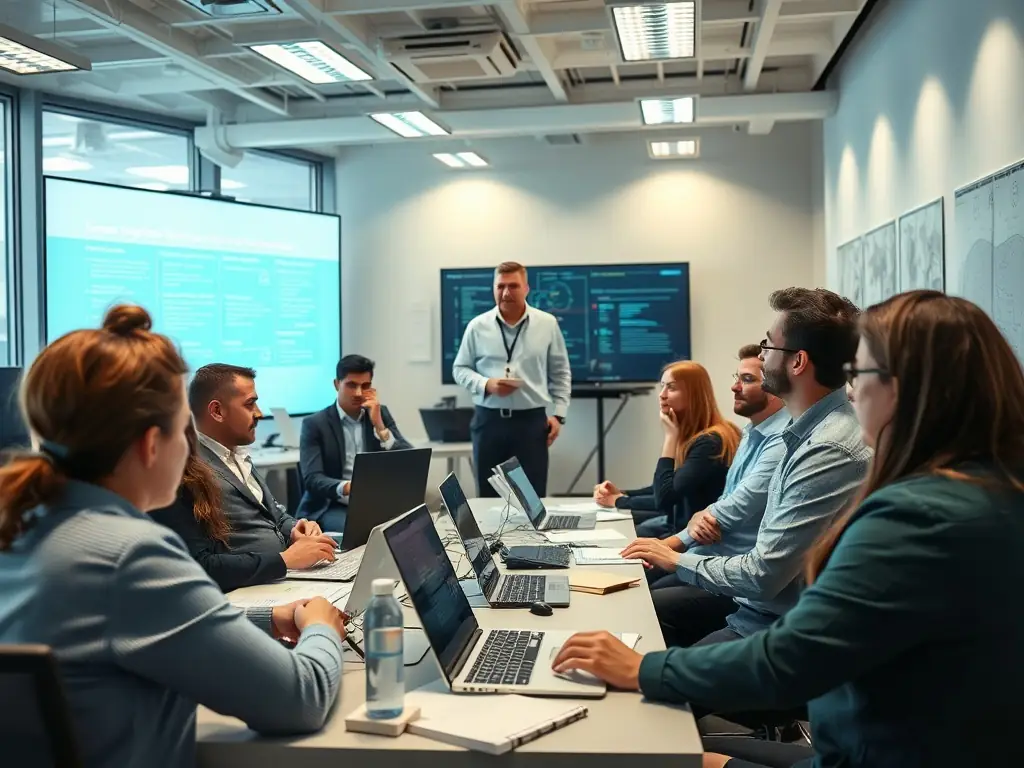 A trainer is conducting a cybersecurity workshop with small business employees, demonstrating best practices and threat awareness techniques in a classroom environment.