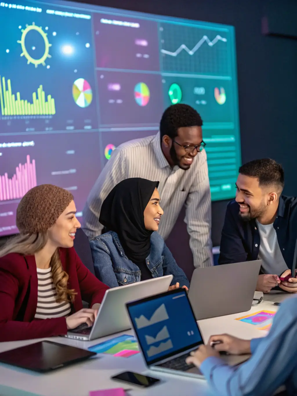A diverse group of small business employees participating in an interactive cybersecurity training session, led by a Candi Cybersolutions consultant. The atmosphere is engaging and informative.